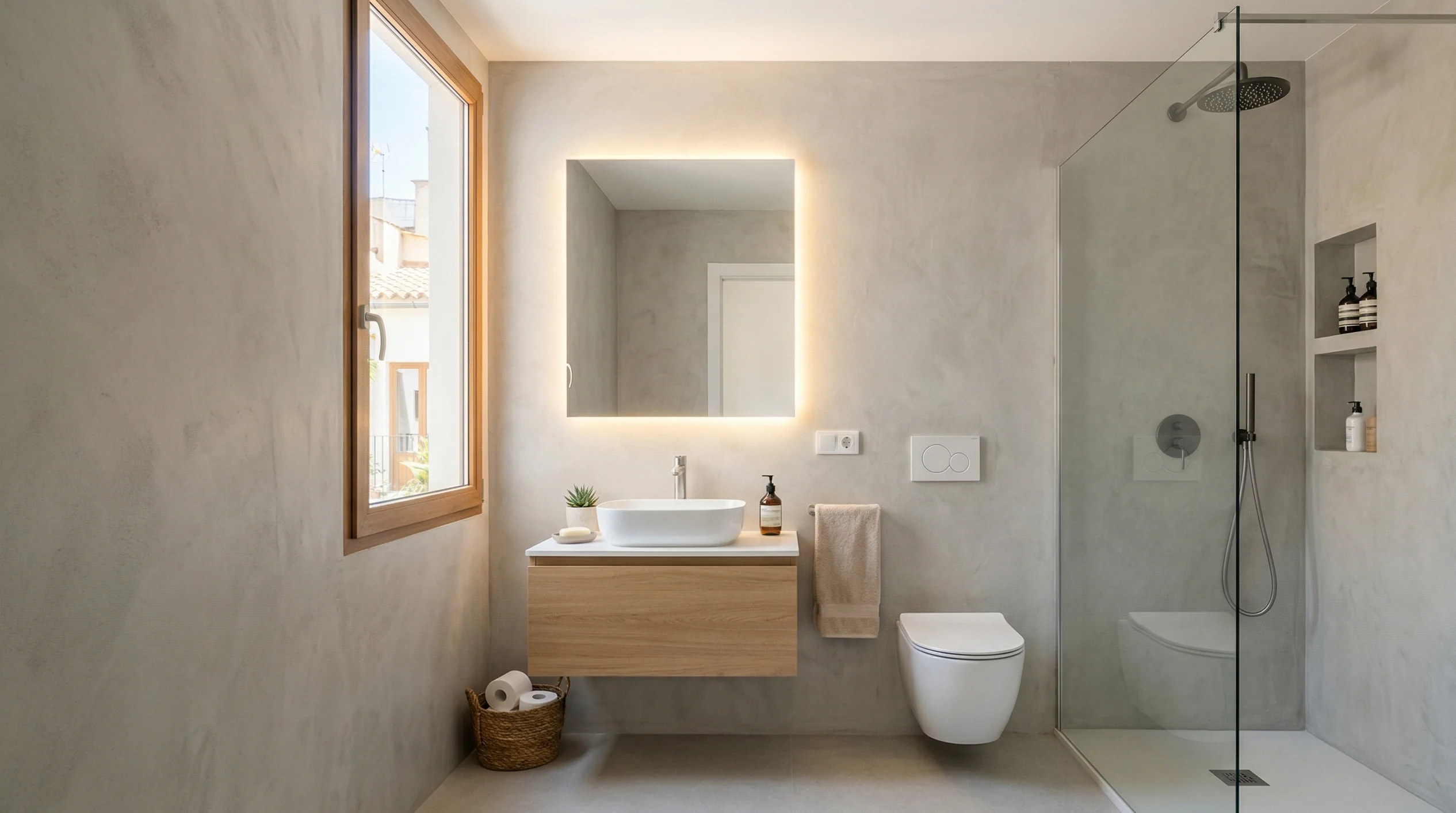 Reformas de Baños en Albacete — baño con microcemento y ducha